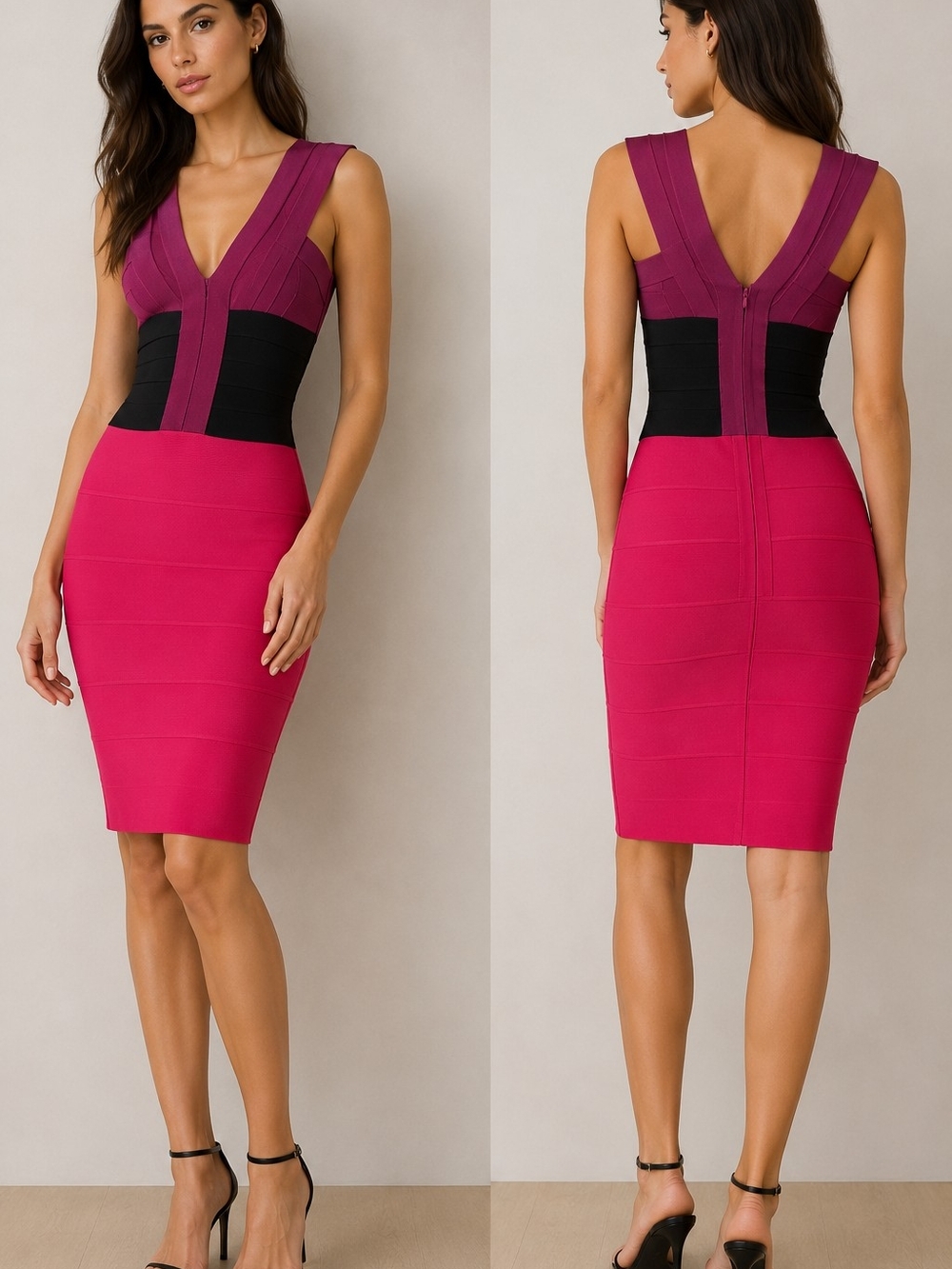 Herve Leger Bodycon Magenta, Plum and Black V-Neck Bandage Midi Dress